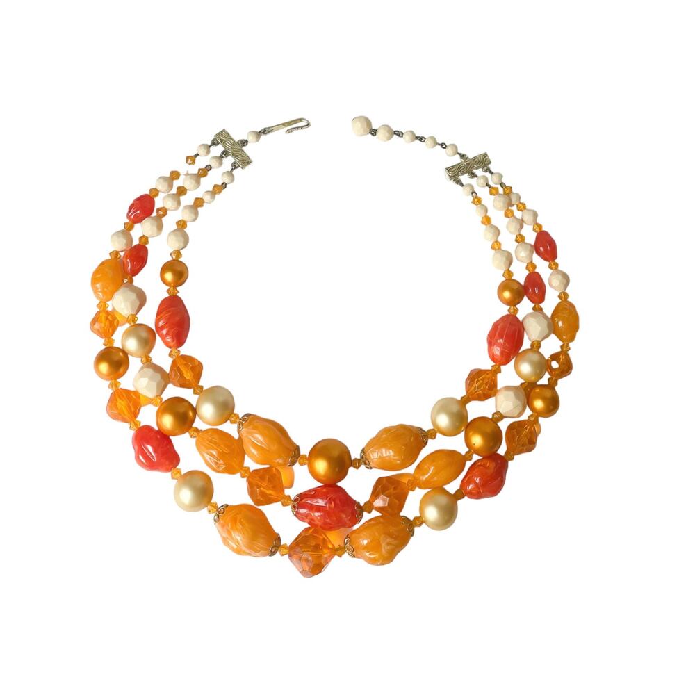 1960s Germany Orange & Cream 3 Strand Beaded Choker Necklace Vintage Mod - Picture 2 of 5